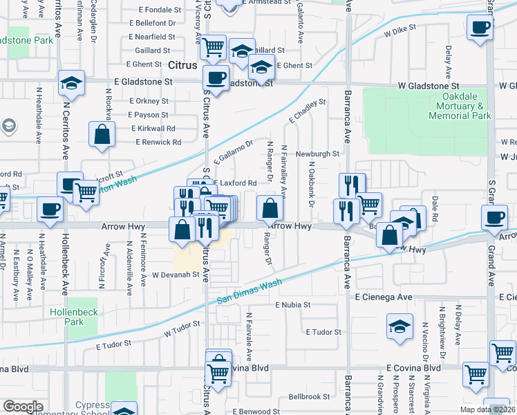 map of restaurants, bars, coffee shops, grocery stores, and more near 18703 East Arrow Highway in Covina