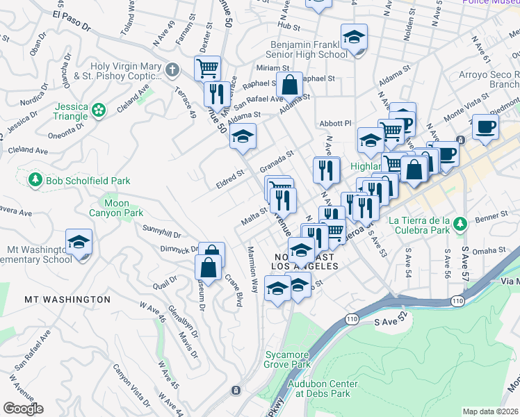 map of restaurants, bars, coffee shops, grocery stores, and more near 4941 Monte Vista Street in Los Angeles