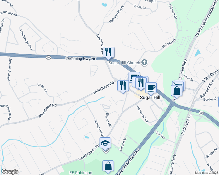map of restaurants, bars, coffee shops, grocery stores, and more near 5059 Top Cat Court in Sugar Hill