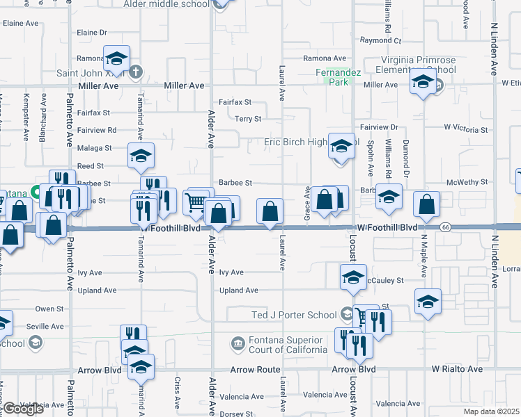 map of restaurants, bars, coffee shops, grocery stores, and more near 17858 Foothill Boulevard in Fontana