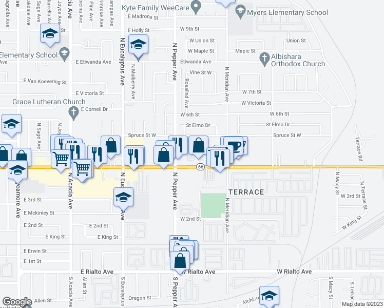map of restaurants, bars, coffee shops, grocery stores, and more near 2850 West Foothill Boulevard in Rialto
