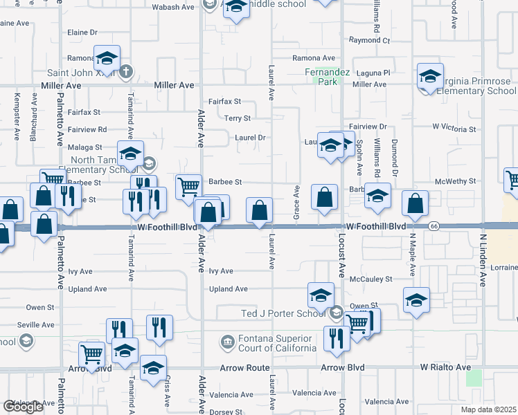 map of restaurants, bars, coffee shops, grocery stores, and more near 17858 Foothill Boulevard in Fontana