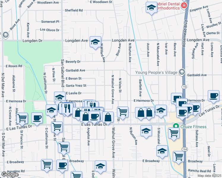 map of restaurants, bars, coffee shops, grocery stores, and more near 5949 North Walnut Grove Avenue in San Gabriel