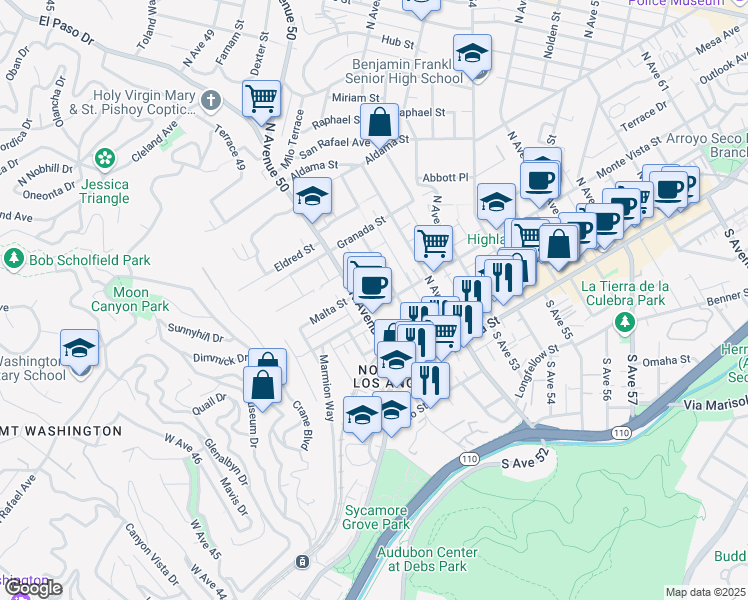 map of restaurants, bars, coffee shops, grocery stores, and more near 5011 Monte Vista Street in Los Angeles