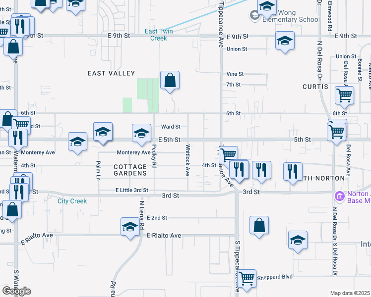 map of restaurants, bars, coffee shops, grocery stores, and more near 24799 Monterey Avenue in San Bernardino