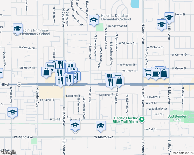map of restaurants, bars, coffee shops, grocery stores, and more near 1061 West Clover Avenue in Rialto