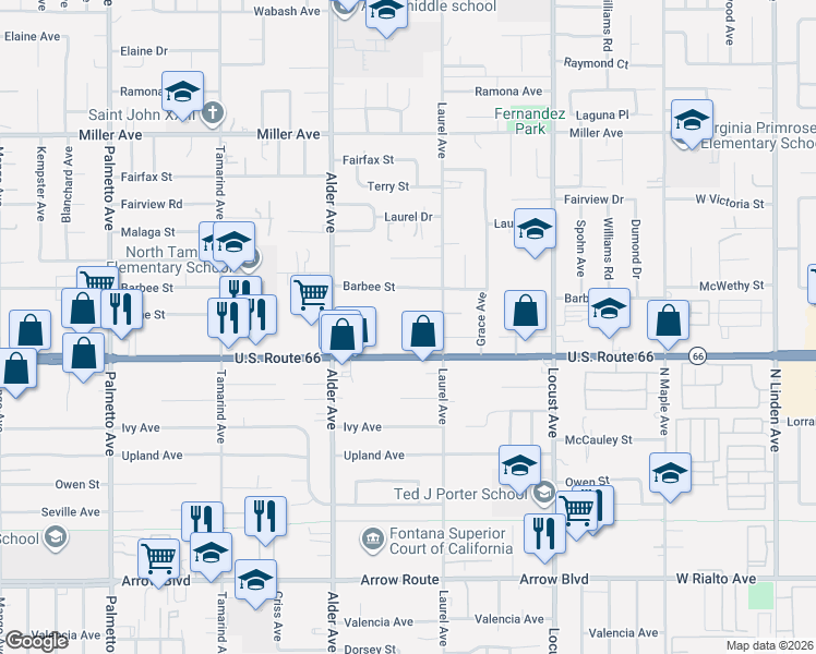 map of restaurants, bars, coffee shops, grocery stores, and more near 17814 Foothill Boulevard in Fontana