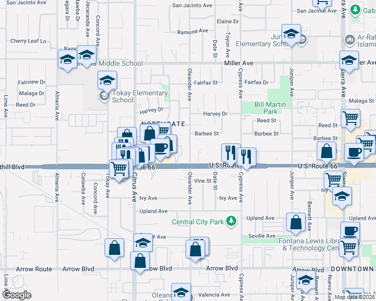 map of restaurants, bars, coffee shops, grocery stores, and more near 16304 Historic Route 66 in Fontana