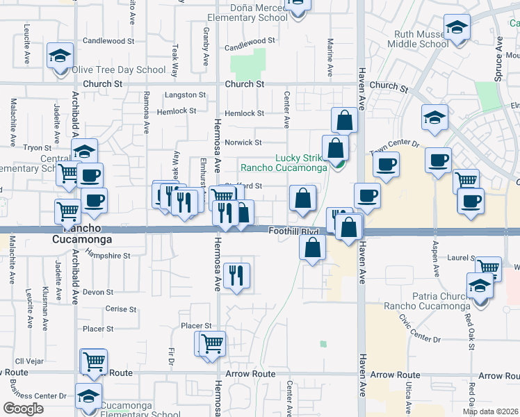 map of restaurants, bars, coffee shops, grocery stores, and more near 10220 Foothill Boulevard in Rancho Cucamonga
