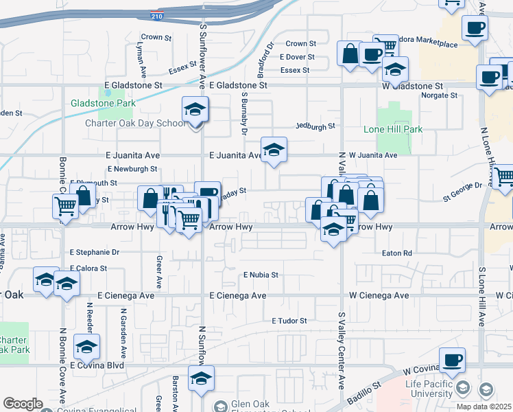map of restaurants, bars, coffee shops, grocery stores, and more near 1033 East Arrow Highway in Glendora