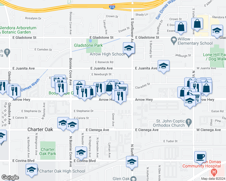 map of restaurants, bars, coffee shops, grocery stores, and more near 757 East Arrow Highway in Glendora