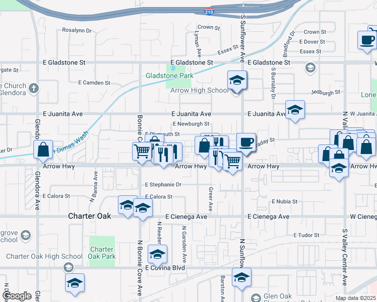 map of restaurants, bars, coffee shops, grocery stores, and more near 715 East Arrow Highway in Glendora