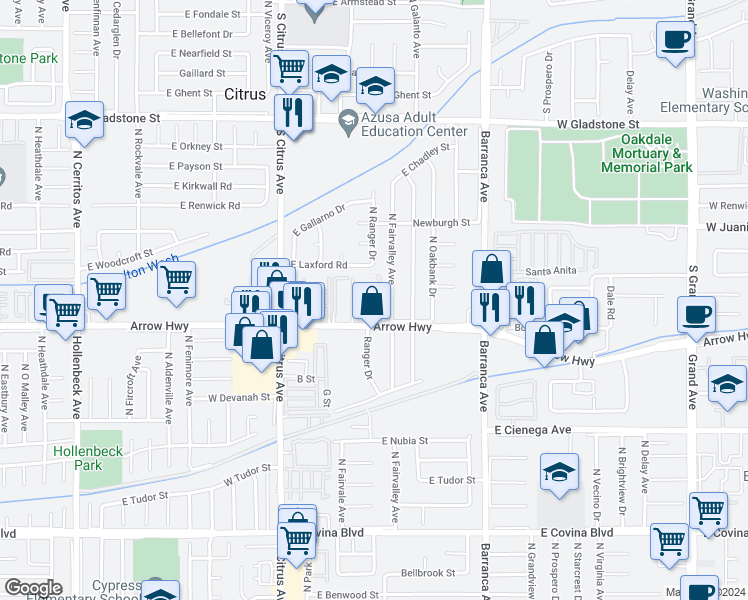 map of restaurants, bars, coffee shops, grocery stores, and more near 18703 East Arrow Highway in Covina