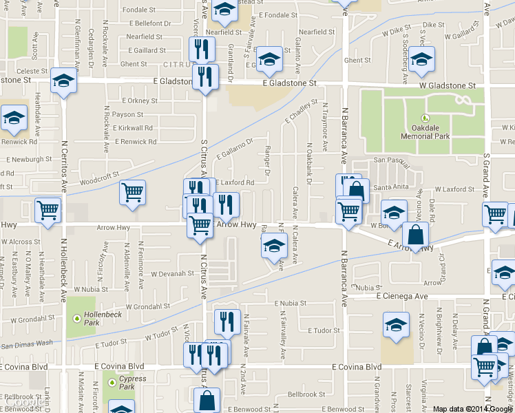 map of restaurants, bars, coffee shops, grocery stores, and more near 18703 East Arrow Highway in Covina