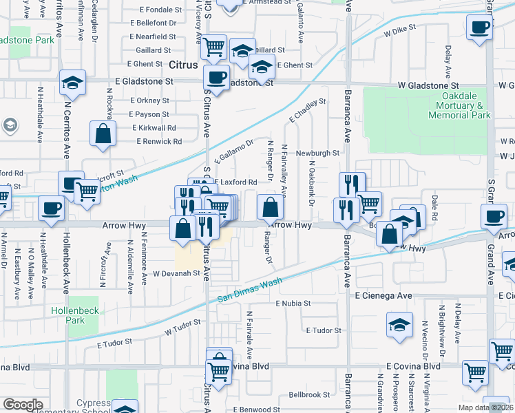 map of restaurants, bars, coffee shops, grocery stores, and more near 18703 East Arrow Highway in Covina