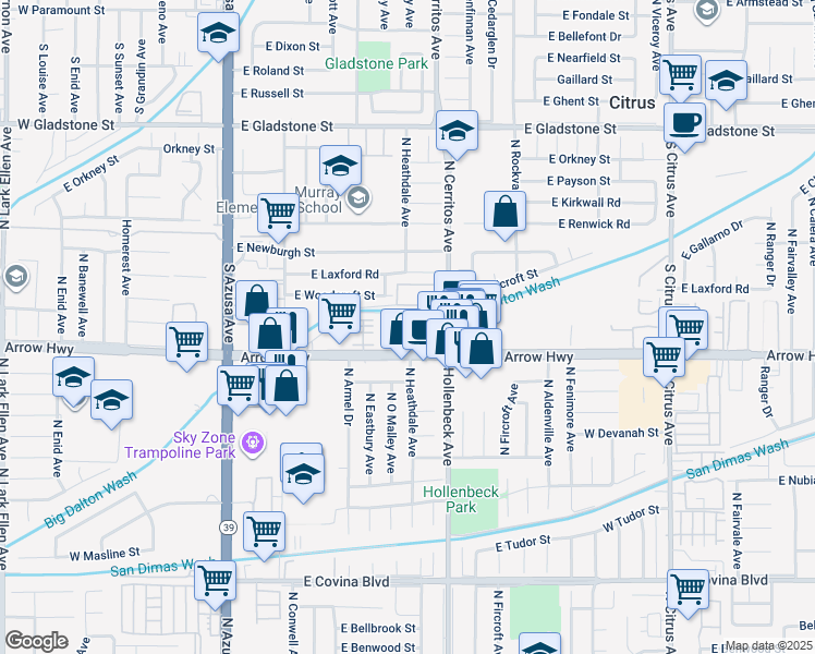 map of restaurants, bars, coffee shops, grocery stores, and more near 573 East Arrow Highway in Azusa