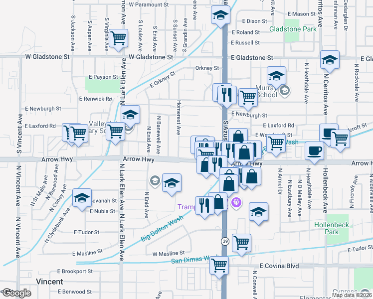 map of restaurants, bars, coffee shops, grocery stores, and more near 17251 East Arrow Highway in Azusa