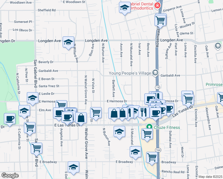 map of restaurants, bars, coffee shops, grocery stores, and more near 5923 Bartlett Avenue in San Gabriel