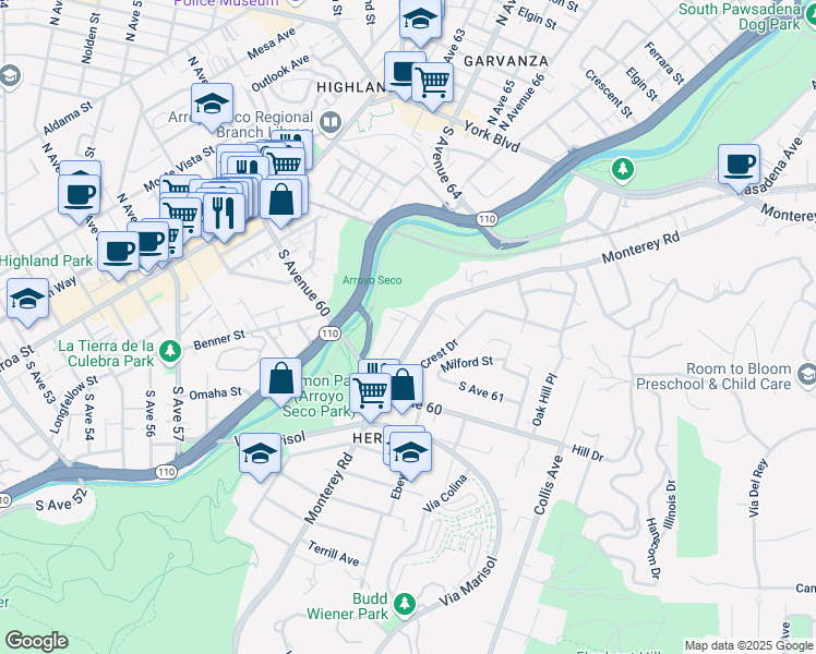 map of restaurants, bars, coffee shops, grocery stores, and more near 6117 Monterey Road in Los Angeles