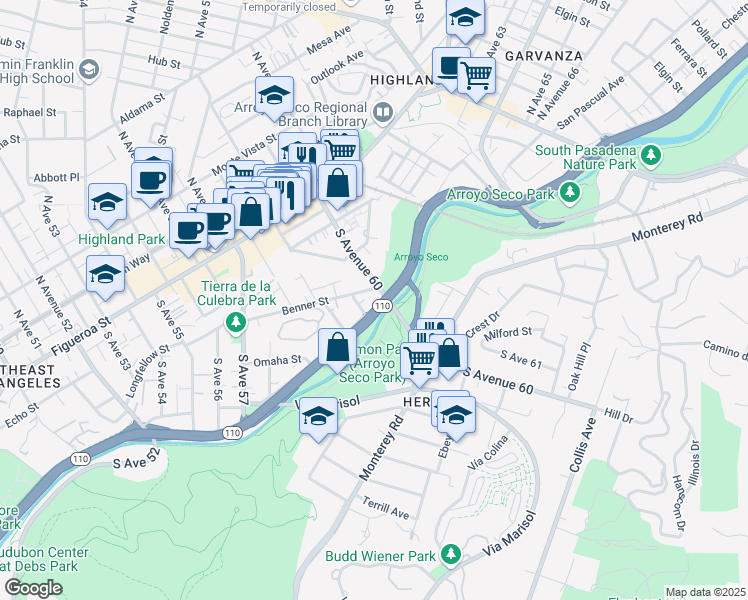 map of restaurants, bars, coffee shops, grocery stores, and more near 5941 Arroyo Drive in Los Angeles