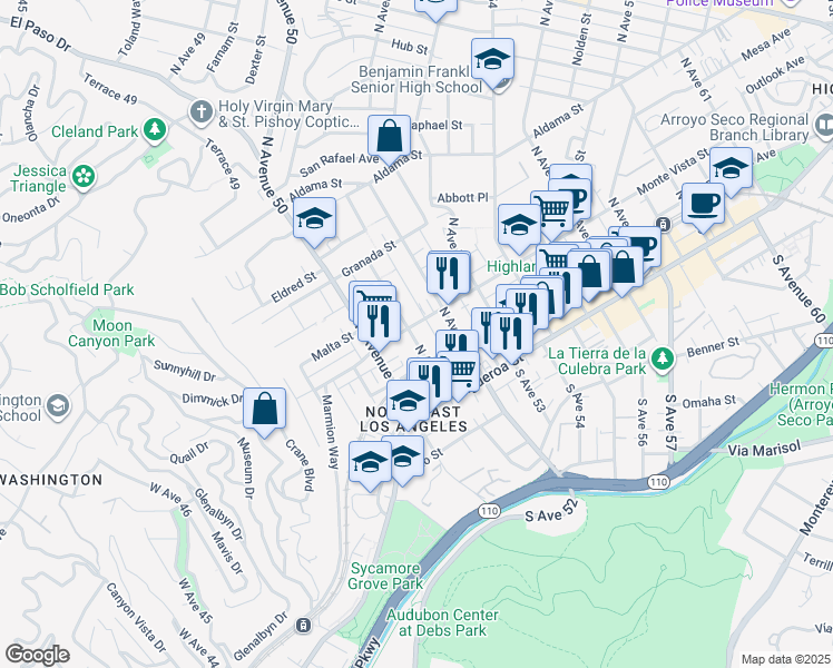 map of restaurants, bars, coffee shops, grocery stores, and more near 203 North Avenue 51 in Los Angeles