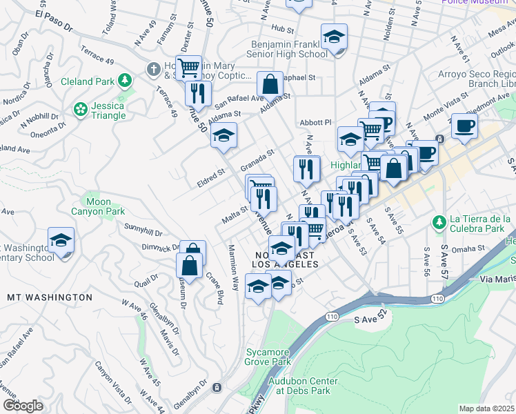 map of restaurants, bars, coffee shops, grocery stores, and more near 4941 Monte Vista Street in Los Angeles