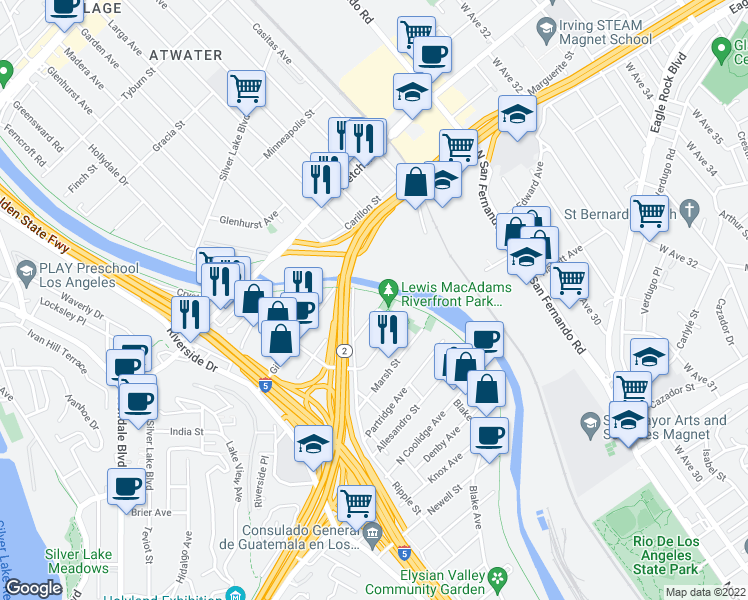 map of restaurants, bars, coffee shops, grocery stores, and more near 2938 Gleneden Street in Los Angeles