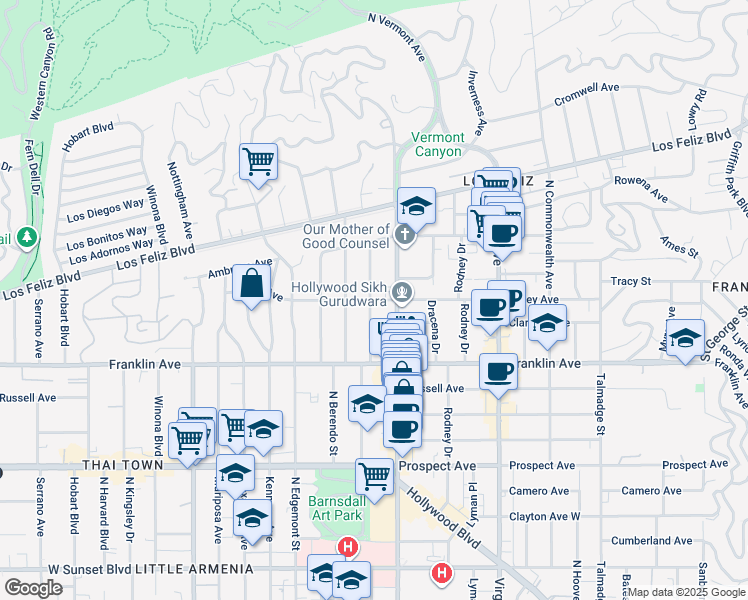 map of restaurants, bars, coffee shops, grocery stores, and more near 1953 North New Hampshire Avenue in Los Angeles