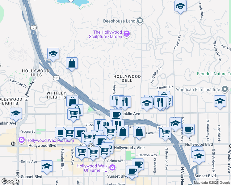 map of restaurants, bars, coffee shops, grocery stores, and more near 1957 Vista Del Mar Avenue in Los Angeles