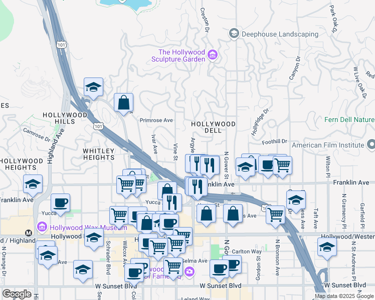 map of restaurants, bars, coffee shops, grocery stores, and more near 1961 Argyle Avenue in Los Angeles