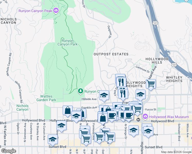 map of restaurants, bars, coffee shops, grocery stores, and more near 2000 3/4 La Brea Terrace in Los Angeles