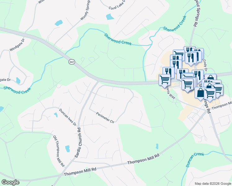 map of restaurants, bars, coffee shops, grocery stores, and more near 2851 Pleasant Oak Drive in Buford