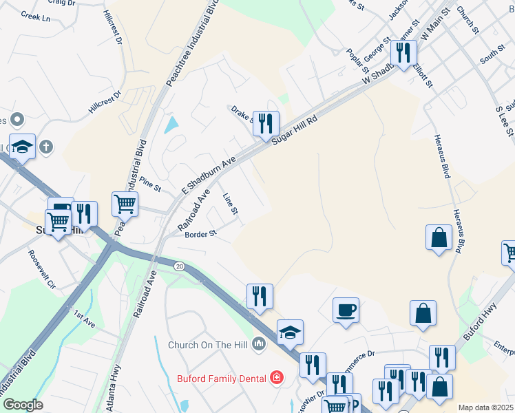 map of restaurants, bars, coffee shops, grocery stores, and more near 155 Westbrook Street Northeast in Buford