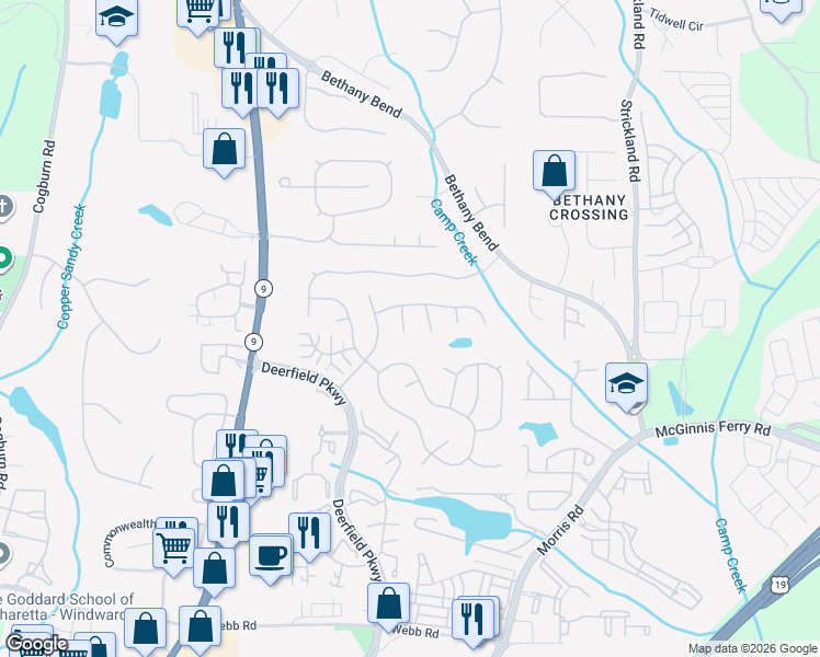 map of restaurants, bars, coffee shops, grocery stores, and more near 140 Aven Court in Alpharetta
