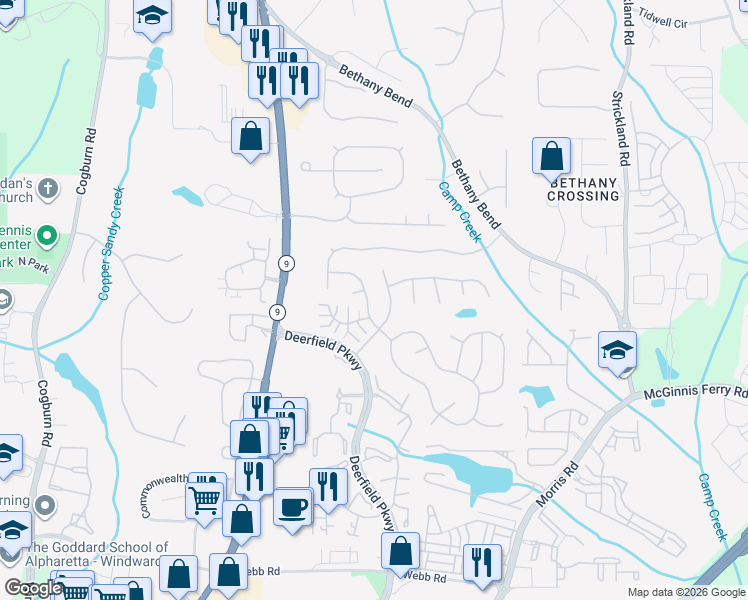 map of restaurants, bars, coffee shops, grocery stores, and more near 13315 Avensong Ives Way in Alpharetta