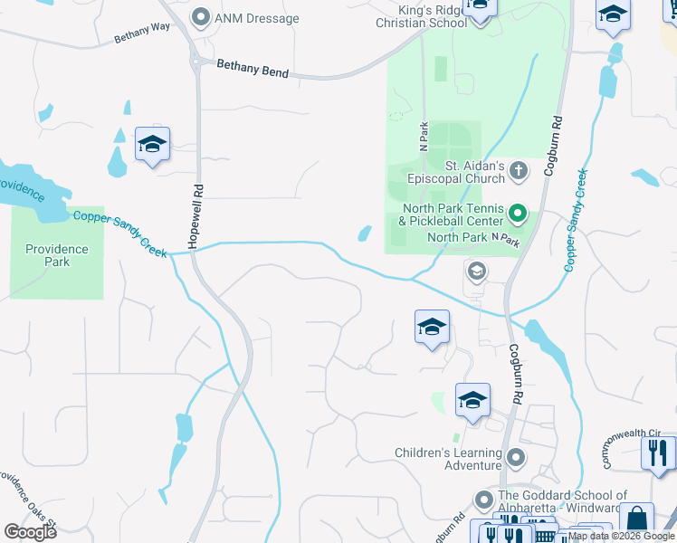 map of restaurants, bars, coffee shops, grocery stores, and more near 2390 Hopewell Plantation Drive in Alpharetta