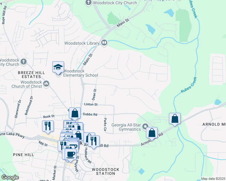 map of restaurants, bars, coffee shops, grocery stores, and more near 302 Herrington Court in Woodstock