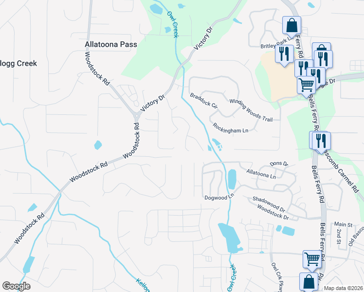 map of restaurants, bars, coffee shops, grocery stores, and more near 322 Victory Commons Overlook in Acworth