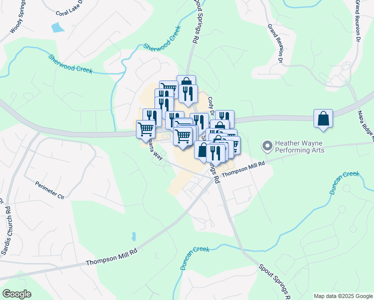 map of restaurants, bars, coffee shops, grocery stores, and more near 7380 Spout Springs Road in Flowery Branch