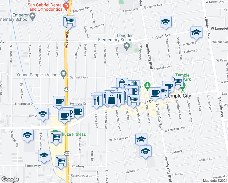 map of restaurants, bars, coffee shops, grocery stores, and more near 6490 Woodruff Avenue in Temple City