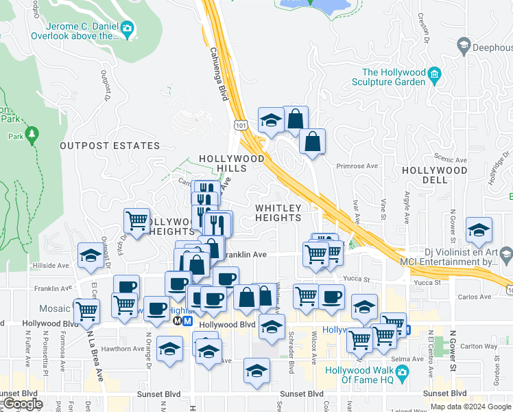 map of restaurants, bars, coffee shops, grocery stores, and more near 6682 Whitley Terrace in Los Angeles