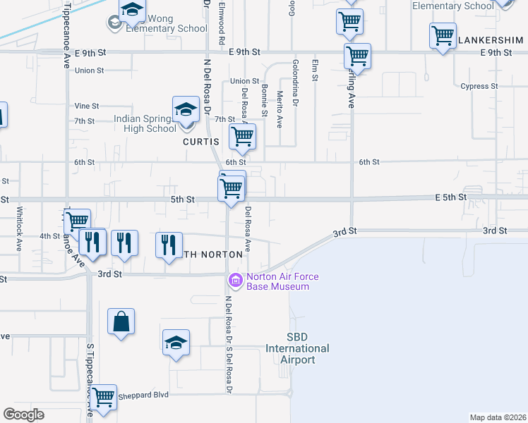 map of restaurants, bars, coffee shops, grocery stores, and more near 8070 Shirley Avenue in San Bernardino