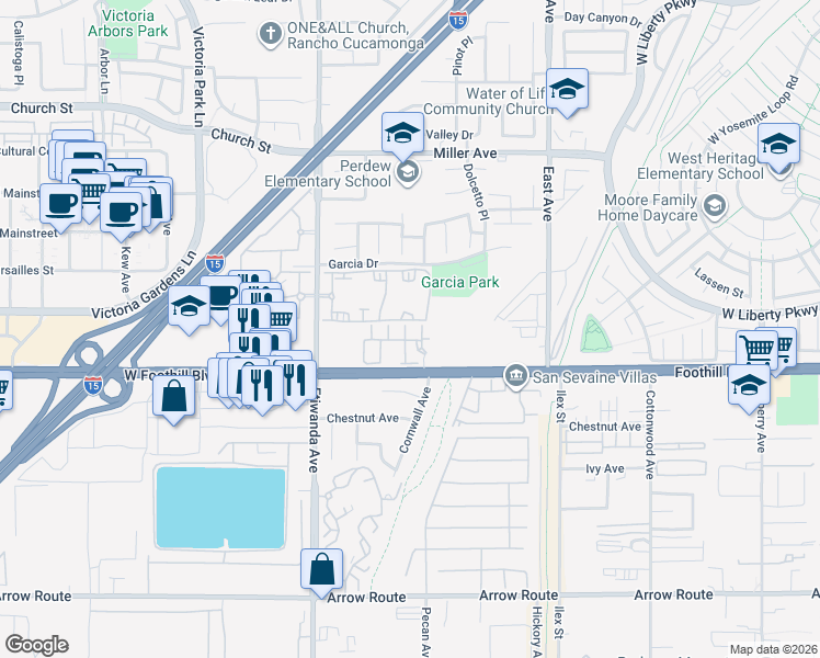 map of restaurants, bars, coffee shops, grocery stores, and more near 8090 Cornwall Court in Rancho Cucamonga