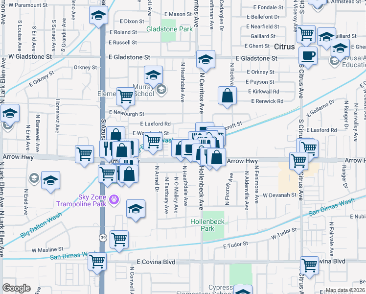 map of restaurants, bars, coffee shops, grocery stores, and more near 573 East Arrow Highway in Azusa