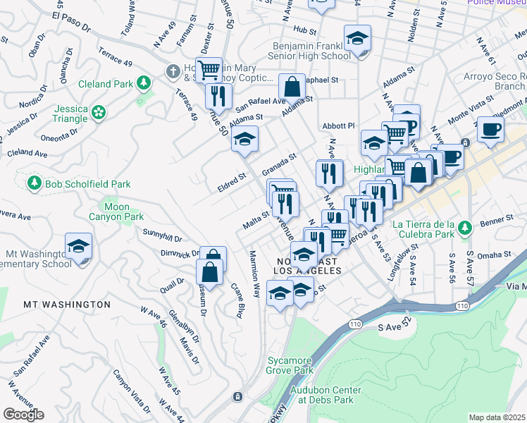 map of restaurants, bars, coffee shops, grocery stores, and more near 4941 Malta Street in Los Angeles