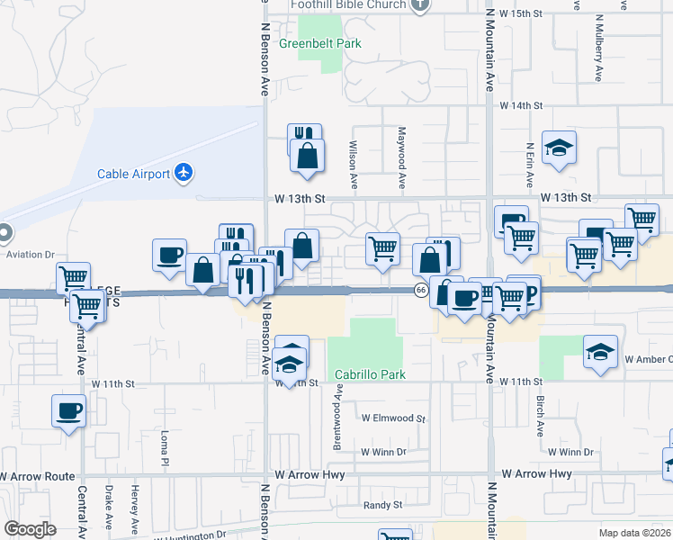 map of restaurants, bars, coffee shops, grocery stores, and more near 1486 Florence Court in Upland