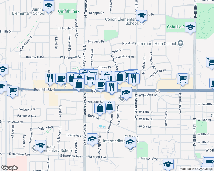 map of restaurants, bars, coffee shops, grocery stores, and more near 970 West Foothill Boulevard in Claremont