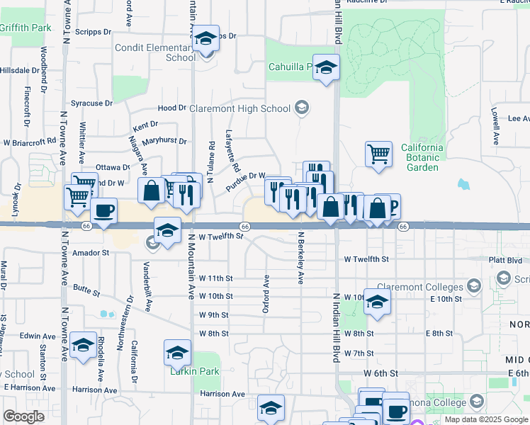 map of restaurants, bars, coffee shops, grocery stores, and more near 610 California 66 in Claremont