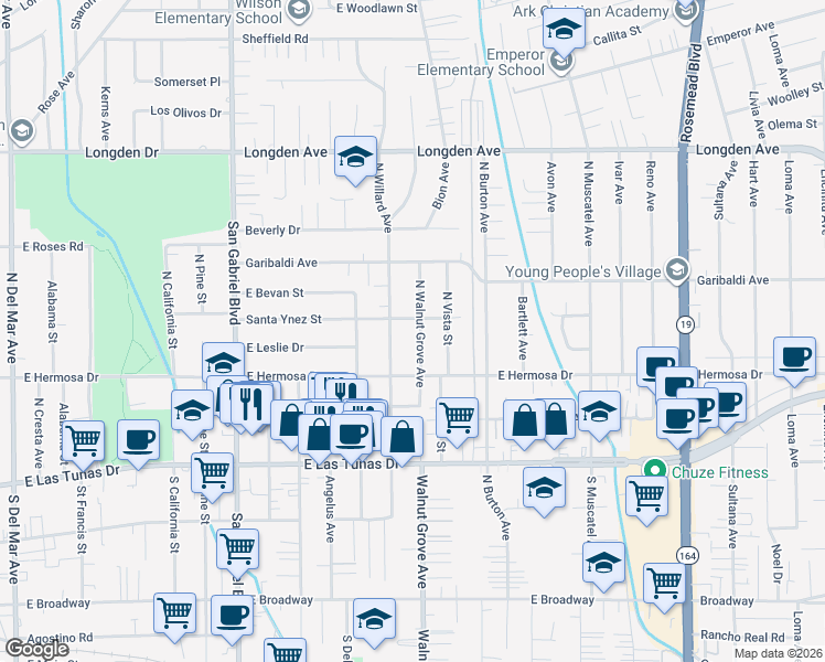 map of restaurants, bars, coffee shops, grocery stores, and more near 5949 North Walnut Grove Avenue in San Gabriel