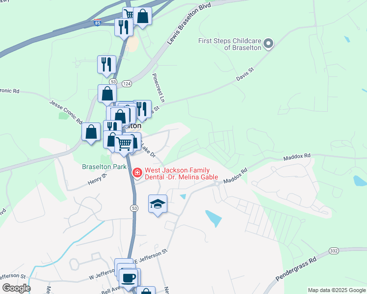 map of restaurants, bars, coffee shops, grocery stores, and more near 140 Golden Eagle Parkway in Hoschton
